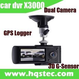二重カメラ GPS の追跡者 3D G センサーおよび LCD HQS-X3000 が付いている 2 チャネル車 DVR 車のブラック ボックス